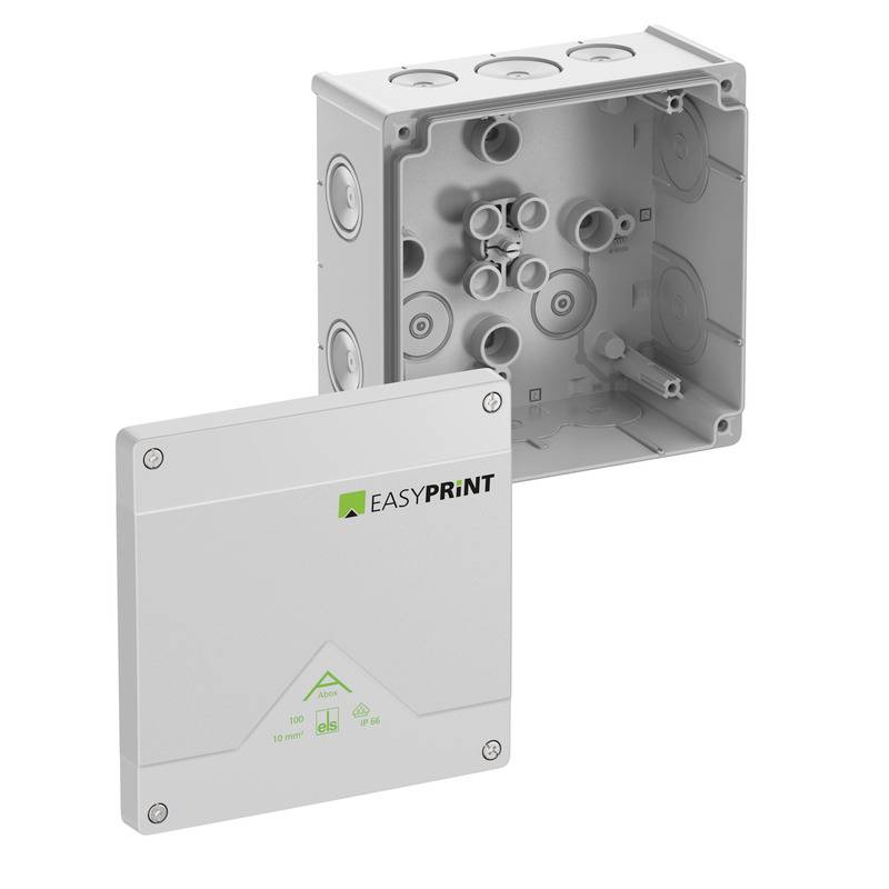 Graue EASYPRINT-Elektroverteilerdose mit abnehmbarem Deckel in offener Stellung, die innere Leitungskanalklopfstellen und Montagepunkte zeigt.