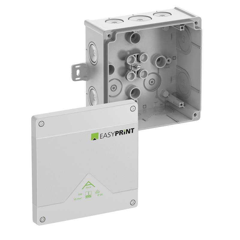 Graue elektrische Anschlussdose mit weißem EasyPrint-Deckel, geöffnet, um interne Kabelkanalöffnungen und Befestigungspunkte zu zeigen.