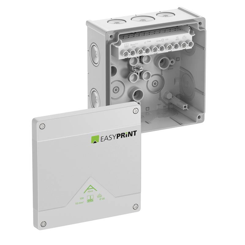 Graue EASYPRINT Elektro-Verteilerdose mit offener Innenseite, die mehrere Kabeleinführungsöffnungen und Klemmenverbindungen zeigt, Frontabdeckung im Vordergrund abgenommen.