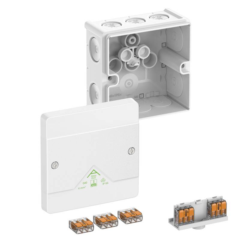 White electrical junction box with a hinged cover and installed wire connectors, shown with three orange terminal clips and a wiring assembly piece.