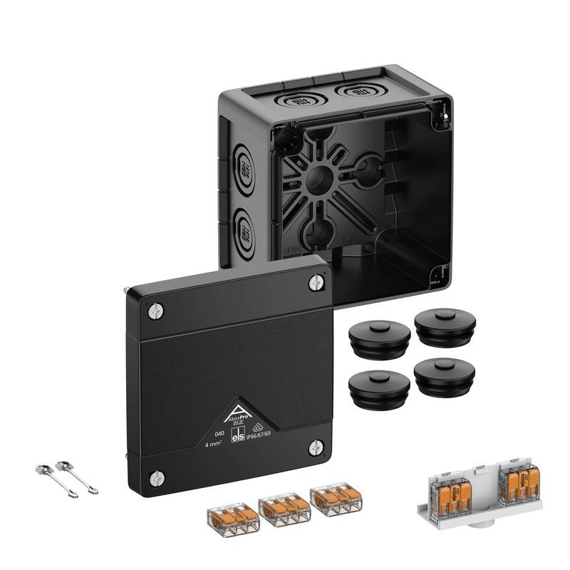 Product photo of a black electrical junction box kit with cover, gaskets, cable entries, orange wire connectors, and mounting screws.