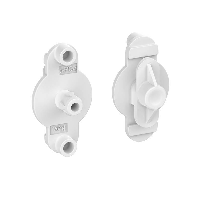 White plastic mounting clip shown from front and side views, with three tubular posts and a central rotating latch or knob.