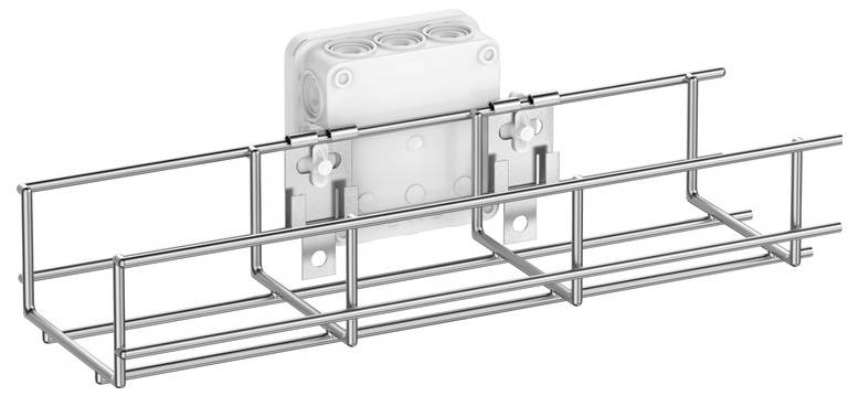 Kabelwannenstützhalter, der eine elektrische Anschlussdose über einem Metallkabel-Wannensystem hält.