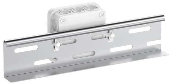Weißer Kunststoff-Montageclip in Vorder- und Seitenansicht mit zwei Metallschrauben darunter auf einfachem weißem Hintergrund.