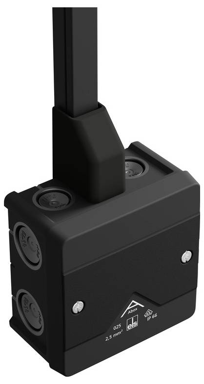 Produktbild einer EASYPRINT-Elektroverteilerdose mit Deckel, das das offene Gehäuseinnere, vier Kabeleinführungen, zwei kleine Befestigungselemente und ein rundes Zubehörteil zeigt.