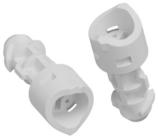 Zwei weiße Kunststoff-Elektrosteckverbinder nebeneinander auf einfachem Hintergrund gezeigt, jeweils mit einer zylindrischen Buchse und geformten Öffnungen.