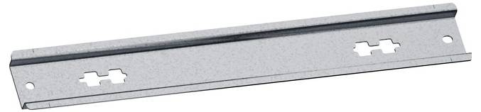 Metallmontageschiene mit zwei Schlüssellochschlitzen und Schraubenlöchern, dargestellt vor weißem Hintergrund.