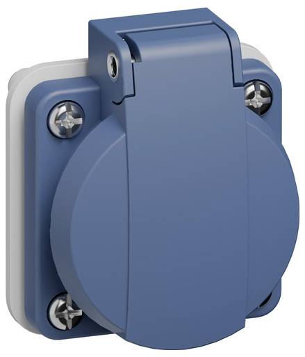 Blaue industrielle Steckdosenklappe mit Schwenkklappe und vier Befestigungsschrauben