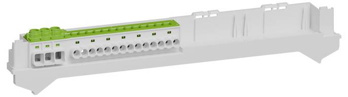 Weißer Kunststoff-Elektroklemmenblock mit mehreren Schraubklemmen und einem grünen oberen Streifen, in der Seitenansicht auf weißem Hintergrund dargestellt.