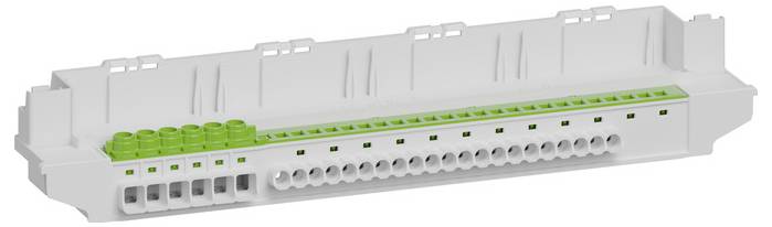 Ein weißer elektrischer Steckverbinder mit einer Reihe von grünen Klemmenöffnungen und mehreren runden Stiftkontakten an der Vorderseite.