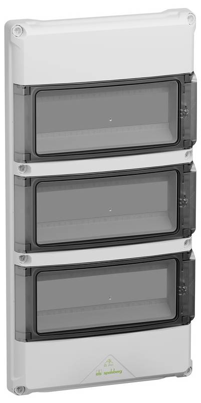 Stapel von drei transparenten Schutzabdeckungen für Elektroschalter in einem weiß wandmontierten Gehäuse.