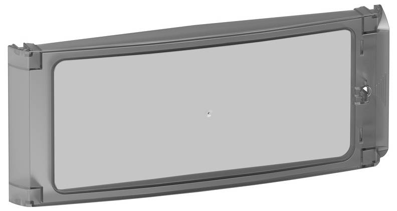 Graues rechteckiges industrielles Gehäuse oder Zugriffsblende mit glatter Frontfläche und Verriegelungsverschluss auf der rechten Seite.