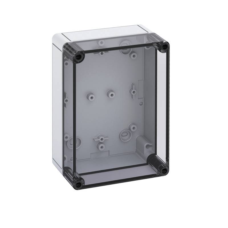 Transparente graue Elektroverteilerkasse mit durchsichtigem Frontdeckel und Befestigungslöchern, leer auf weißem Hintergrund gezeigt.