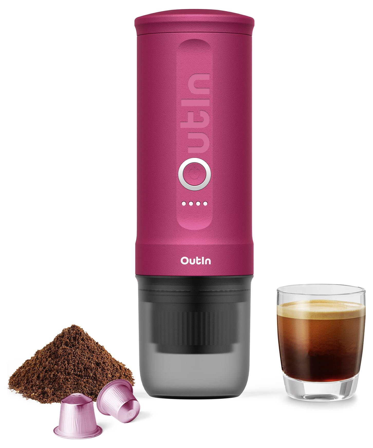 Ein kompakter roter tragbarer Kaffeemaschine mit der Aufschrift 