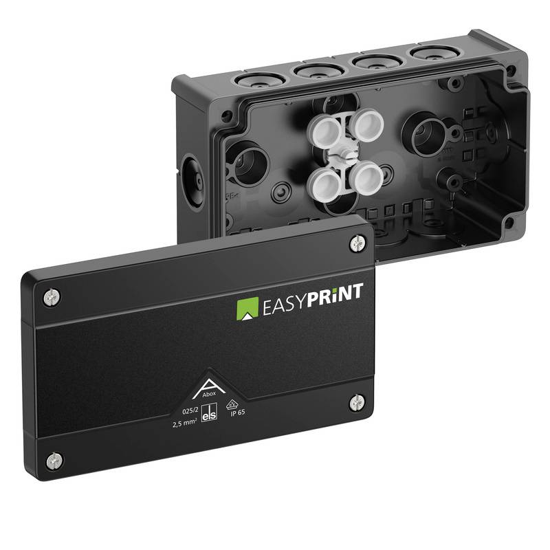 Schwarze EASYPRINT-Elektroverteilerdose mit abnehmbarem Deckel, zeigt interne Kabeleingangsöffnungen und Steckverbinder.