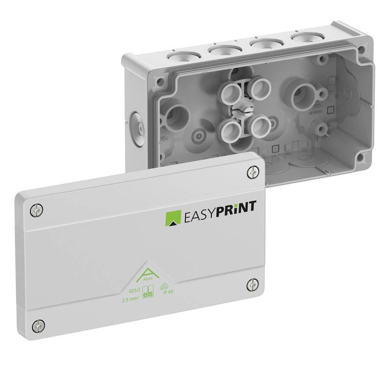 Graue EasyPrint-Elektroverteilerbox mit abnehmbarer Frontabdeckung, offen dargestellt, um die internen Kabeleingangsöffnungen zu zeigen.