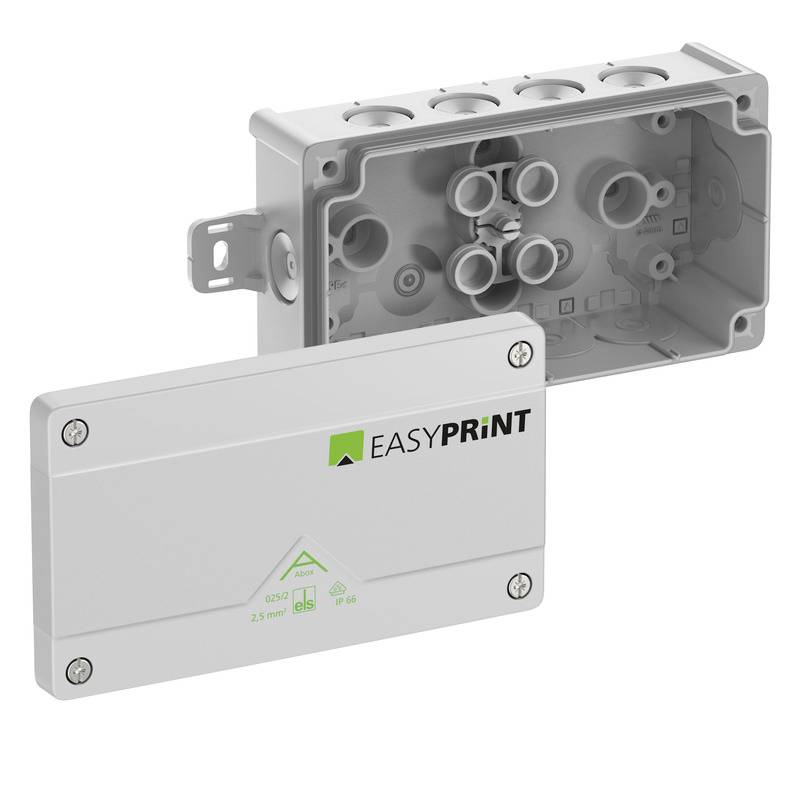 Produktbild einer EASYPRINT Elektro-Verteilerdose mit abnehmbarer Frontabdeckung, die die internen Kabeleinführungsöffnungen zeigt
