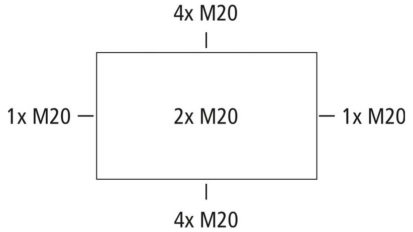 Einfaches Rechteck-Plattendiagramm mit Schraubenlöchern: 4x M20 oben und unten, 1x M20 links und rechts, und 2x M20 in der Mitte.