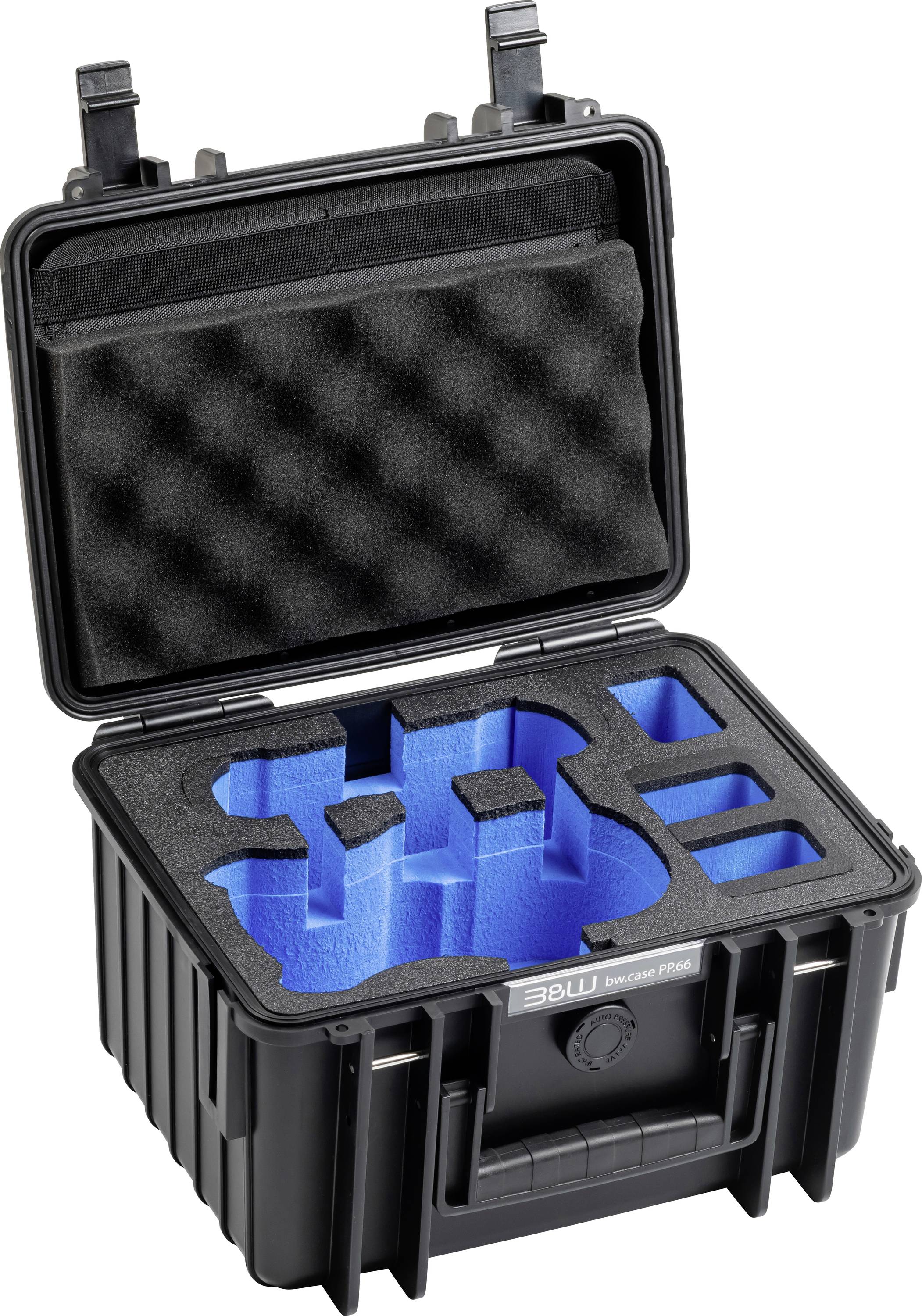 Schwarze Schutztasche mit geöffnetem Deckel, die maßgefertigte blaue Schaumstoffeinlagen zeigt, die zum sicheren Halten von elektronischen Geräten oder Werkzeugen konzipiert sind.