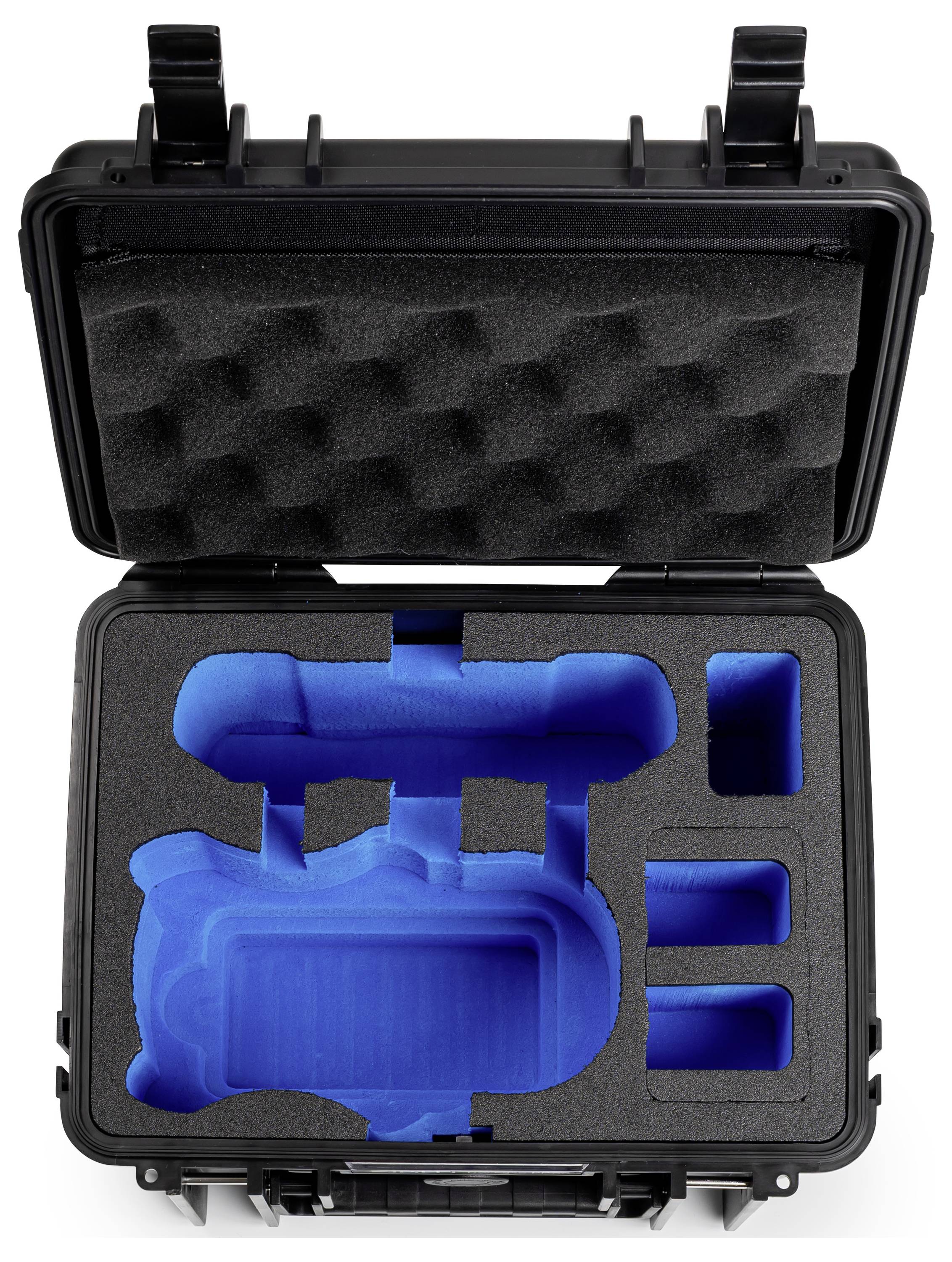 Offener grüner Schutzkoffer mit maßgefertigter blauer Schaumstoffeinlage, konstruiert um spezifische Ausrüstung oder Werkzeuge sicher zu halten, mit strukturiertem Deckel.