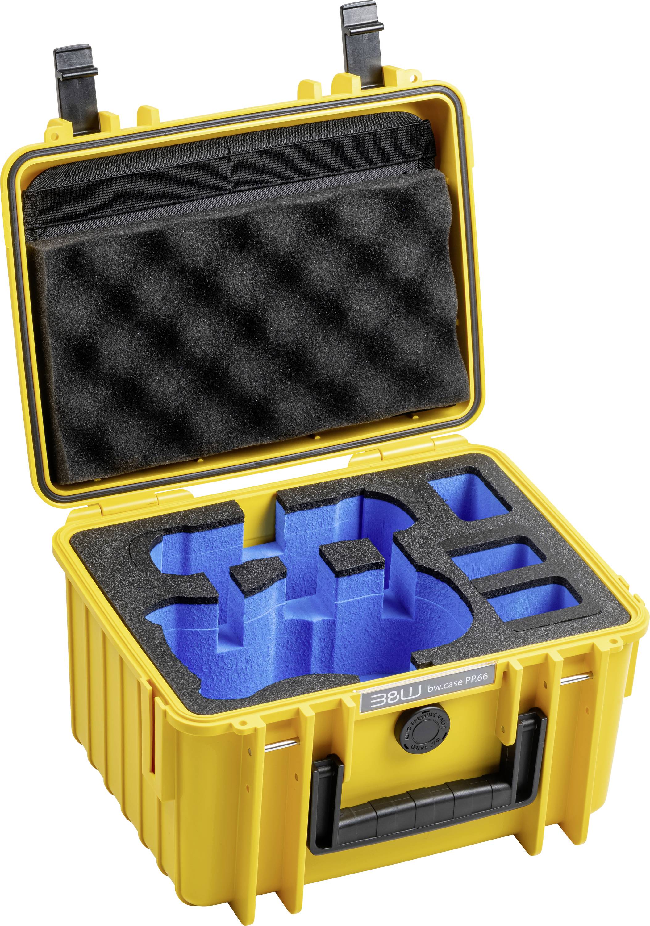 Ein gelbes Schutzgehäuse mit maßgeschneiderten blauen Schaumstoffeinlagen, entwickelt für den sicheren Transport empfindlicher Ausrüstung.