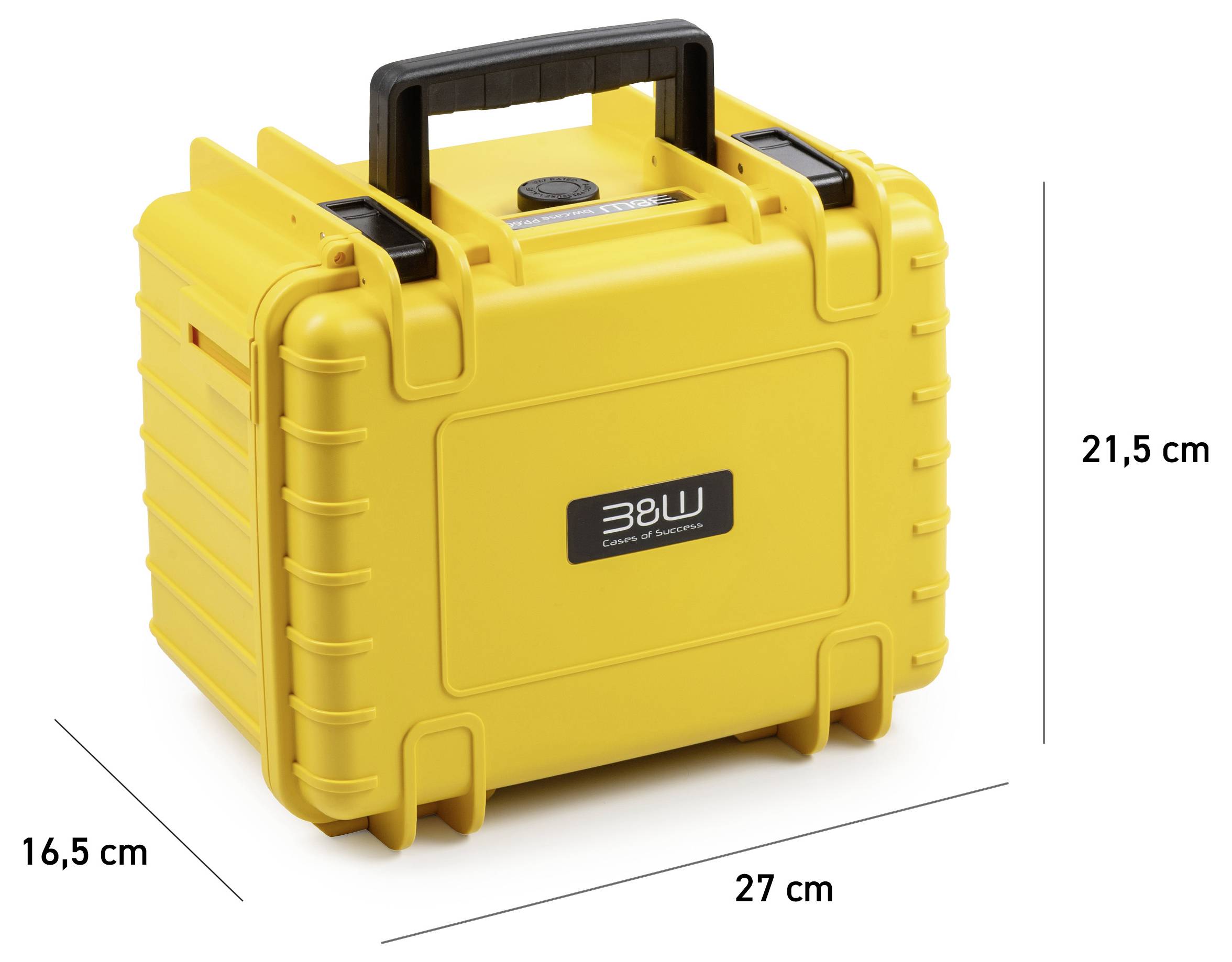 Ein gelbes Schutzgehäuse mit schwarzem Griff. Die Abmessungen sind wie folgt angegeben: 21,5 cm Höhe, 27 cm Breite, 16,5 cm Tiefe.