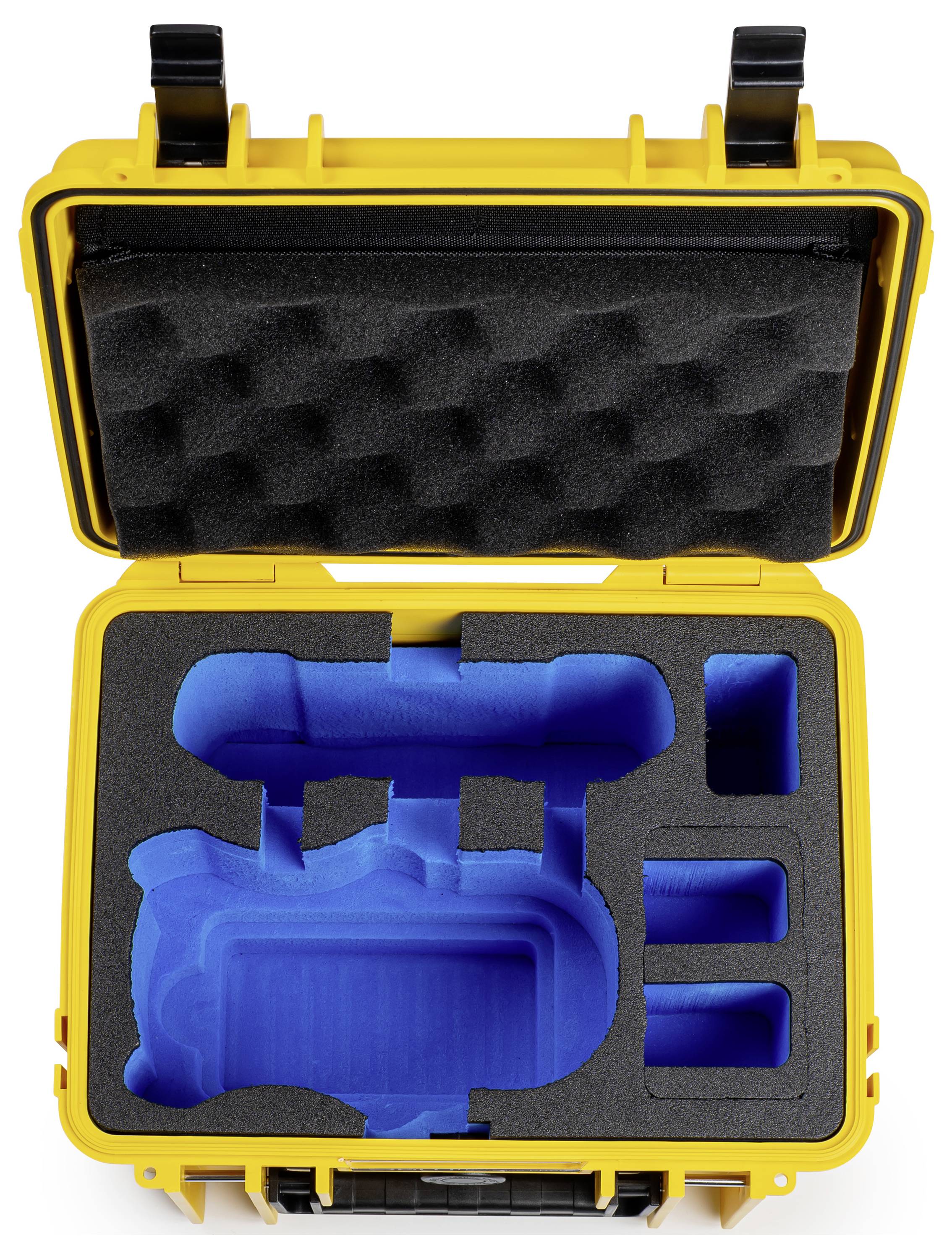 Ein gelbes Schutzgehäuse mit benutzerdefinierten Schaumstoff-Einsätzen zum Lagern einer Kamera und des Zubehörs. Der Deckel hat schwarzen Schaumstoff zur Polsterung.