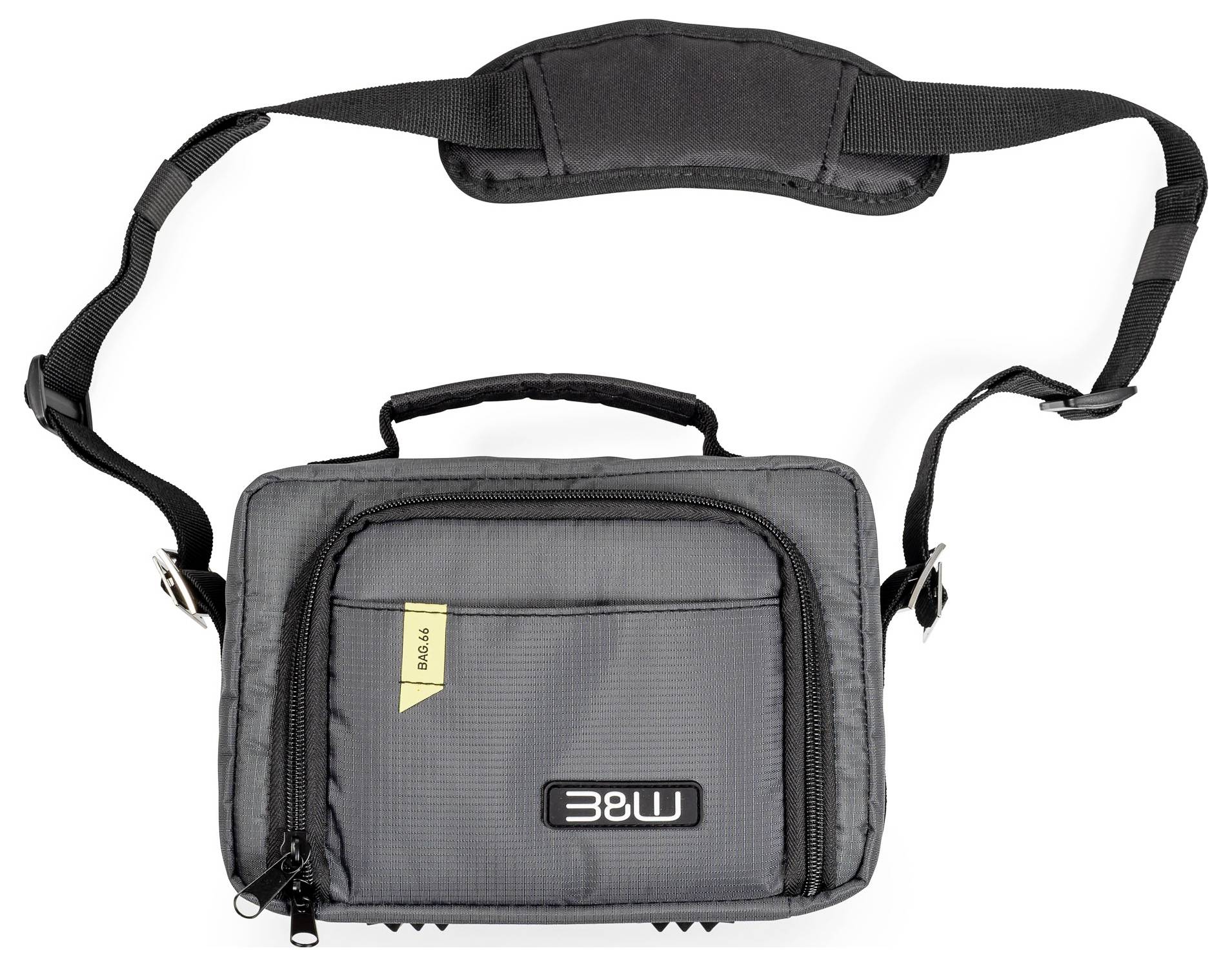 Eine kleine, schwarze Kameratasche mit einem Schultergurt und dem Logo „3BUL