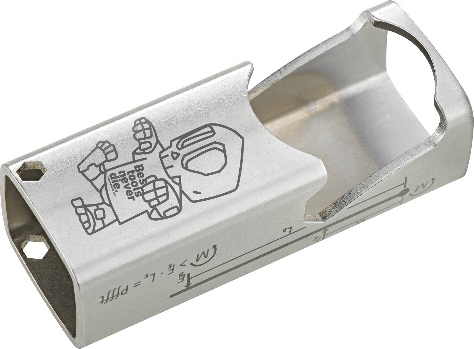 Ein Metallflaschenöffner mit Cartoon-Roboter-Design und eingravierte Messskalen.