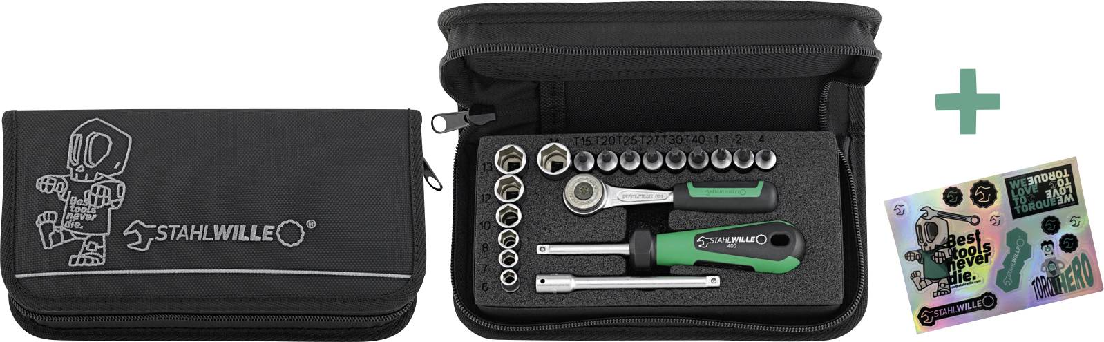 Ein Werkzeugkasten mit verschiedenen Steckschlüsselgrößen, einer Ratsche und einem Schraubendreher in einem Reißverschlusskoffer. Enthält ein separates Blatt mit Aufklebern.