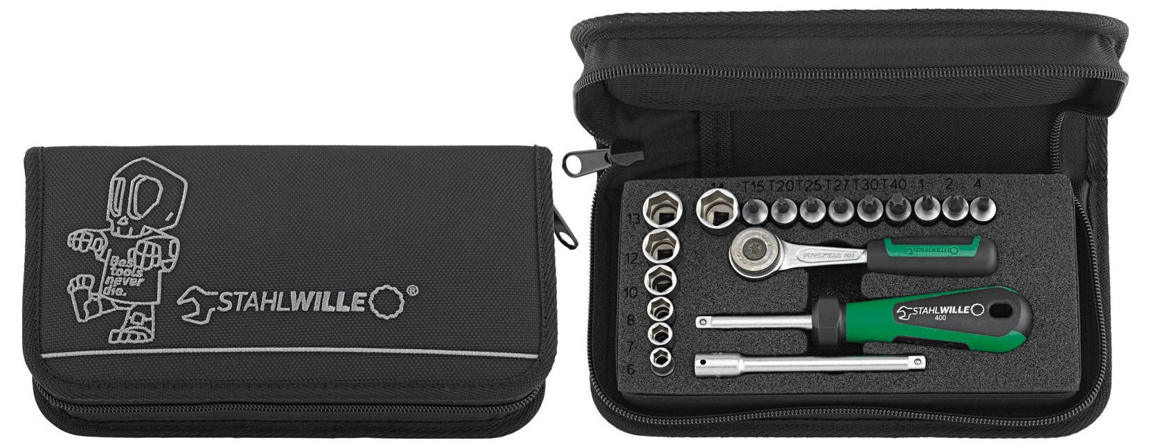 Eine Werkzeugtasche mit Reißverschluss, in der ein Satz von Schraubenschlüsseln, Schraubendrehern und Stecknüssen angezeigt wird, mit der Marke „Stahlwille