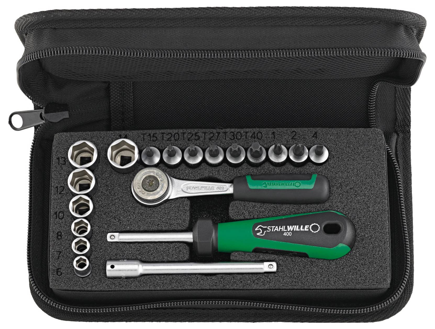 Ein kompaktes Werkzeugsatz mit verschiedenen Innensechskantbits, einem Ratschenschlüssel, einem Schraubendrehergriff und einer Verlängerungsstange, alle ordentlich in einem Reißverschlusskoffer organisiert.