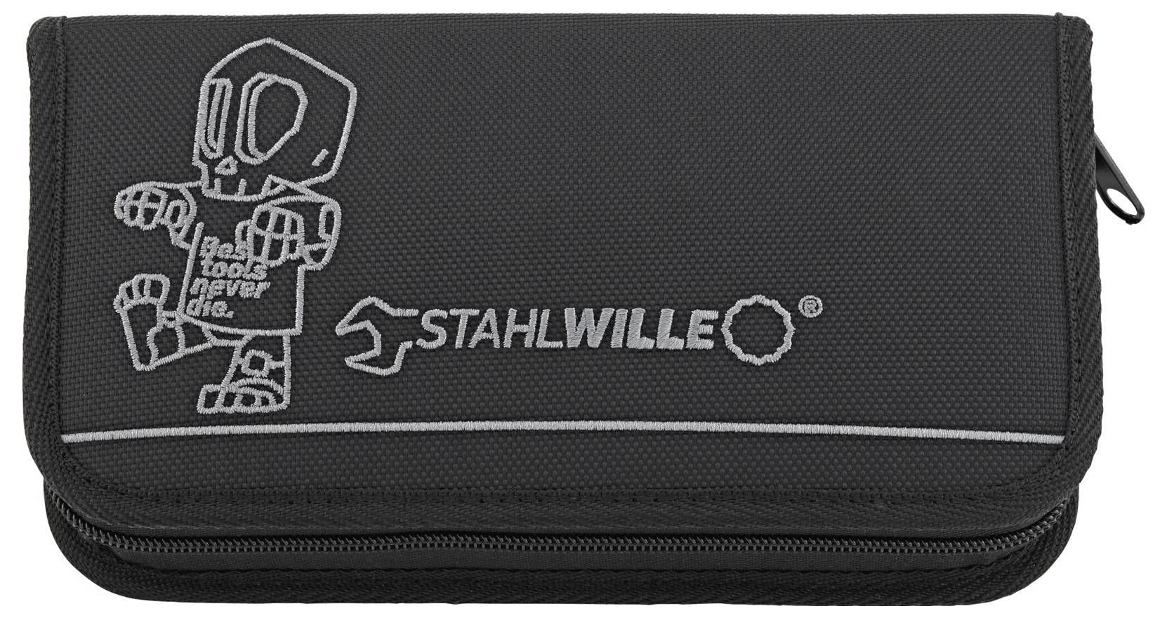 Eine schwarze Werkzeugtasche mit einer stilisierten Figur und dem Text „Good tools never die