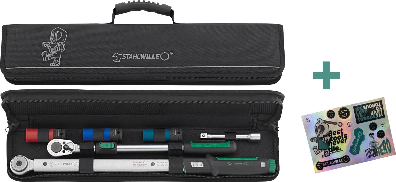 Ein Drehmomentschlüssel-Set in einem schwarzen Koffer mit farbenfrohen Griffbeschichtungen, neben einem Blatt mit mehrfarbigen Aufklebern.