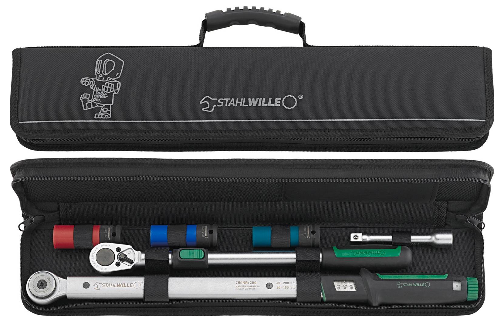 Stahlwille-Drehmomentschlüssel-Set mit Ratschenkopf, Verlängerungsarm und Kalibrieraufsätzen in schwarzem Transportkoffer mit Griff.