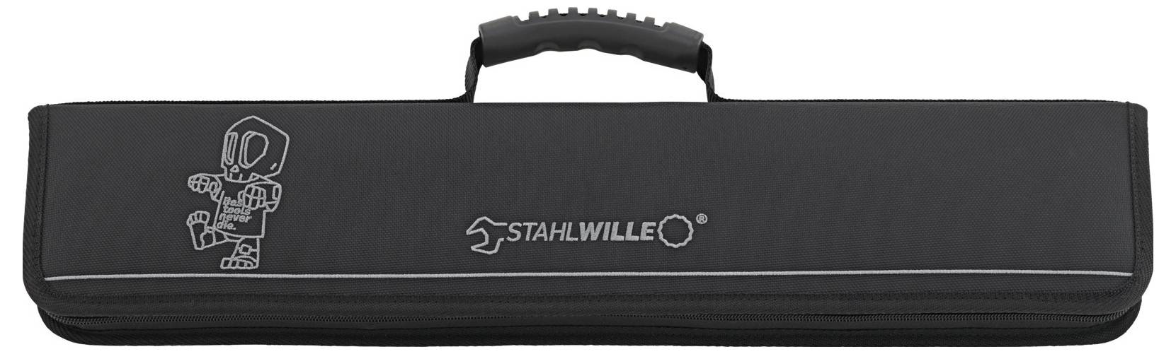 Schwarzer Werkzeugkasten mit Griff, mit einem Cartoon-Roboter-Design und dem Logo 