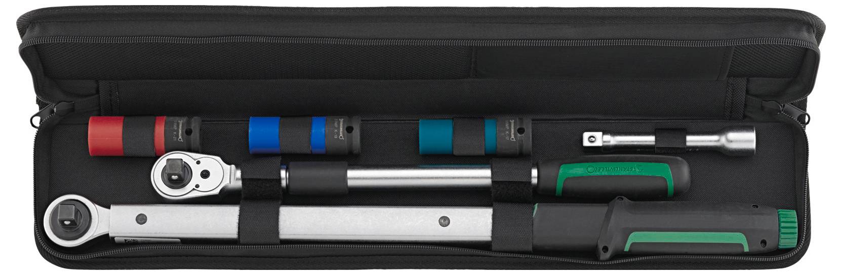 Drehmomentschlüssel-Set mit farbcodierten Stecknüssen und Verlängerungsstange in einer Reißverschlusstasche zur Werkzeugorganisation und präzisem Anziehen.