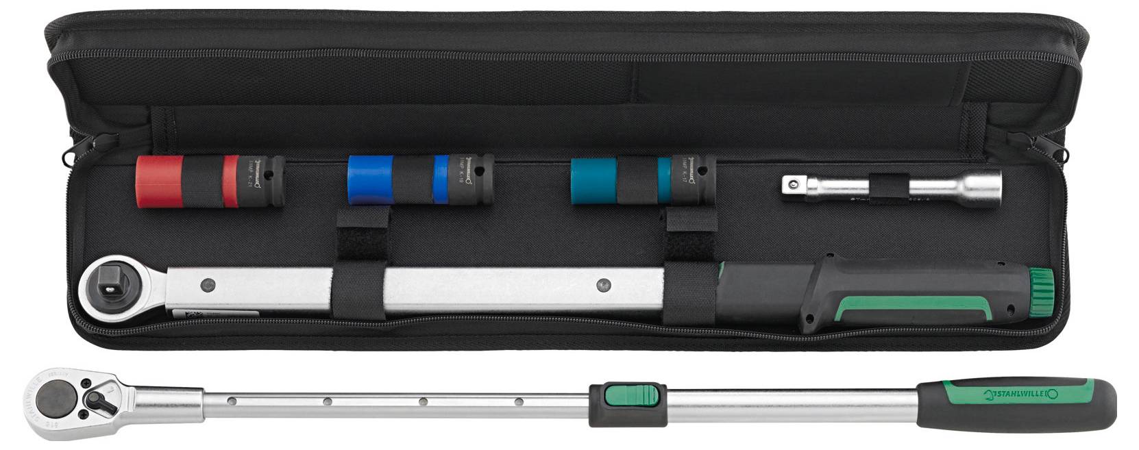 Ein Drehmomentschlüssel-Set mit austauschbaren Köpfen, farbcodiert für verschiedene Drehmomenteinstellungen, in einem schwarzen Koffer mit sicheren Steckplätzen gelagert.