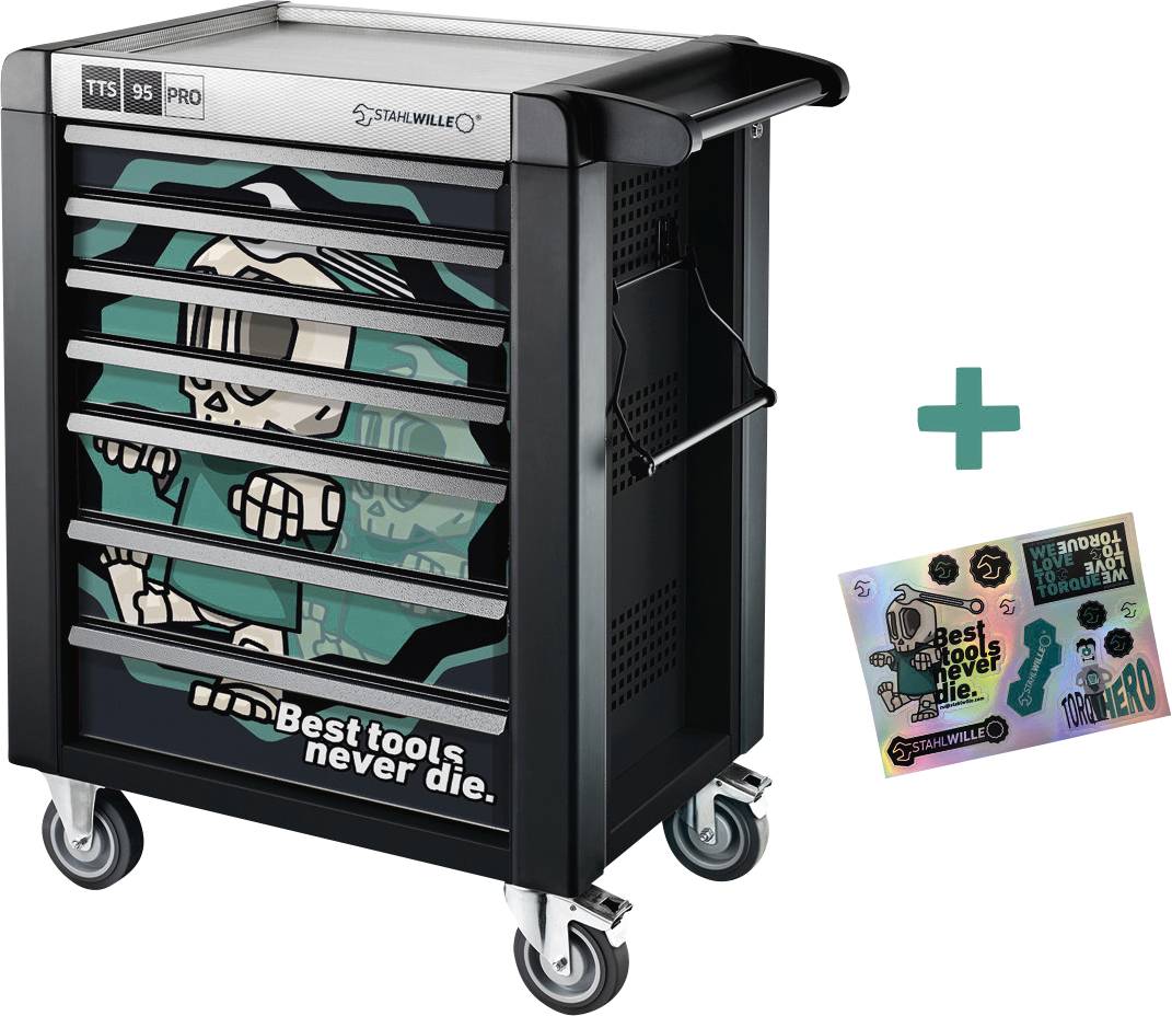 Ein Werkzeugwagen mit einer Skelettgrafik und dem Text „Best tools never die