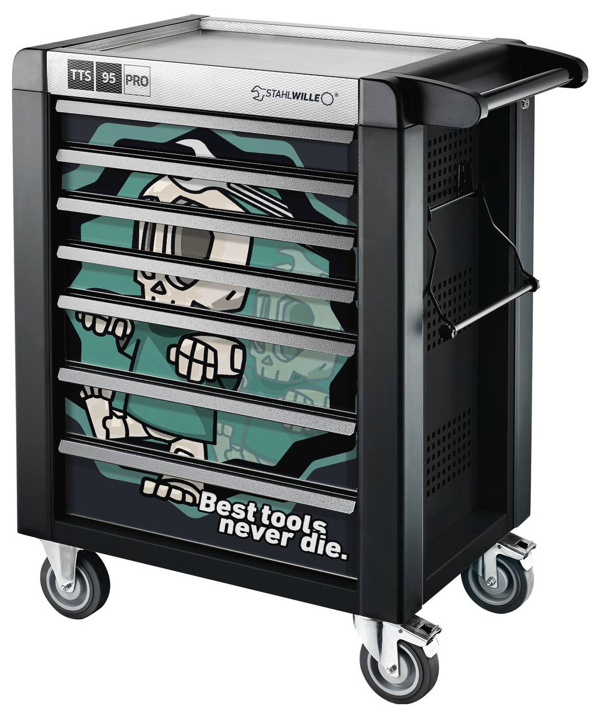 Ein schwarzer Werkstattwagen mit einer Illustration eines Skeletts und dem Text „Best tools never die
