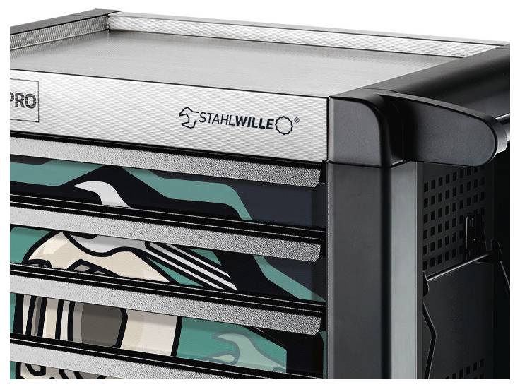 Ein Werkzeugschrank mit mehreren Schubladen, mit einem Design mit abstrakten Mustern. Der Markenname 