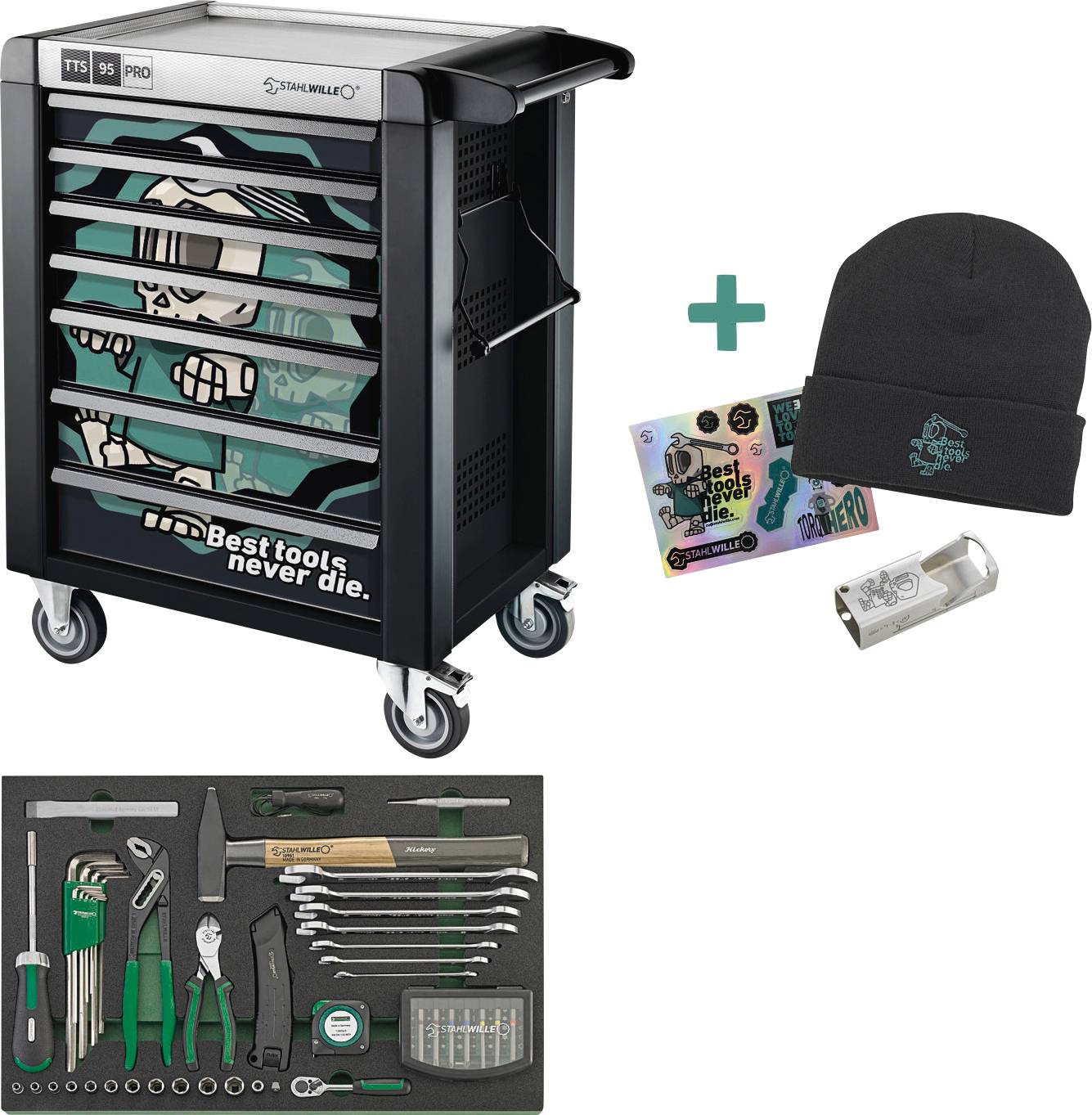 Werkzeugwagen mit dem Text „Best tools never die