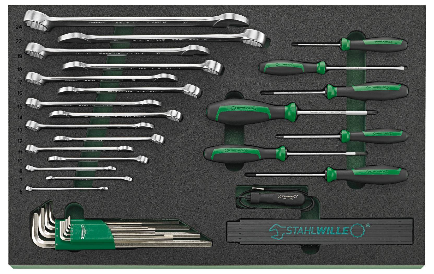 Ein Satz Handwerkzeuge, bestehend aus Schraubenschlüsseln, Schraubenziehern und Innensechskantschlüsseln, ordentlich in einem Schaumstoff-Halter organisiert.