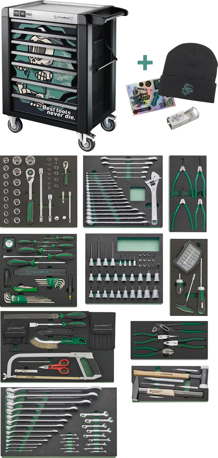 Ein fahrbarer Werkzeugschrank mit verschiedenen organisierten Handwerkzeugen, einschließlich Schraubenschlüsseln, Zangen, Schraubendrehern und Steckschlüsseln. Begleitet von einem Hut, einem Aufkleber und einer Dose.