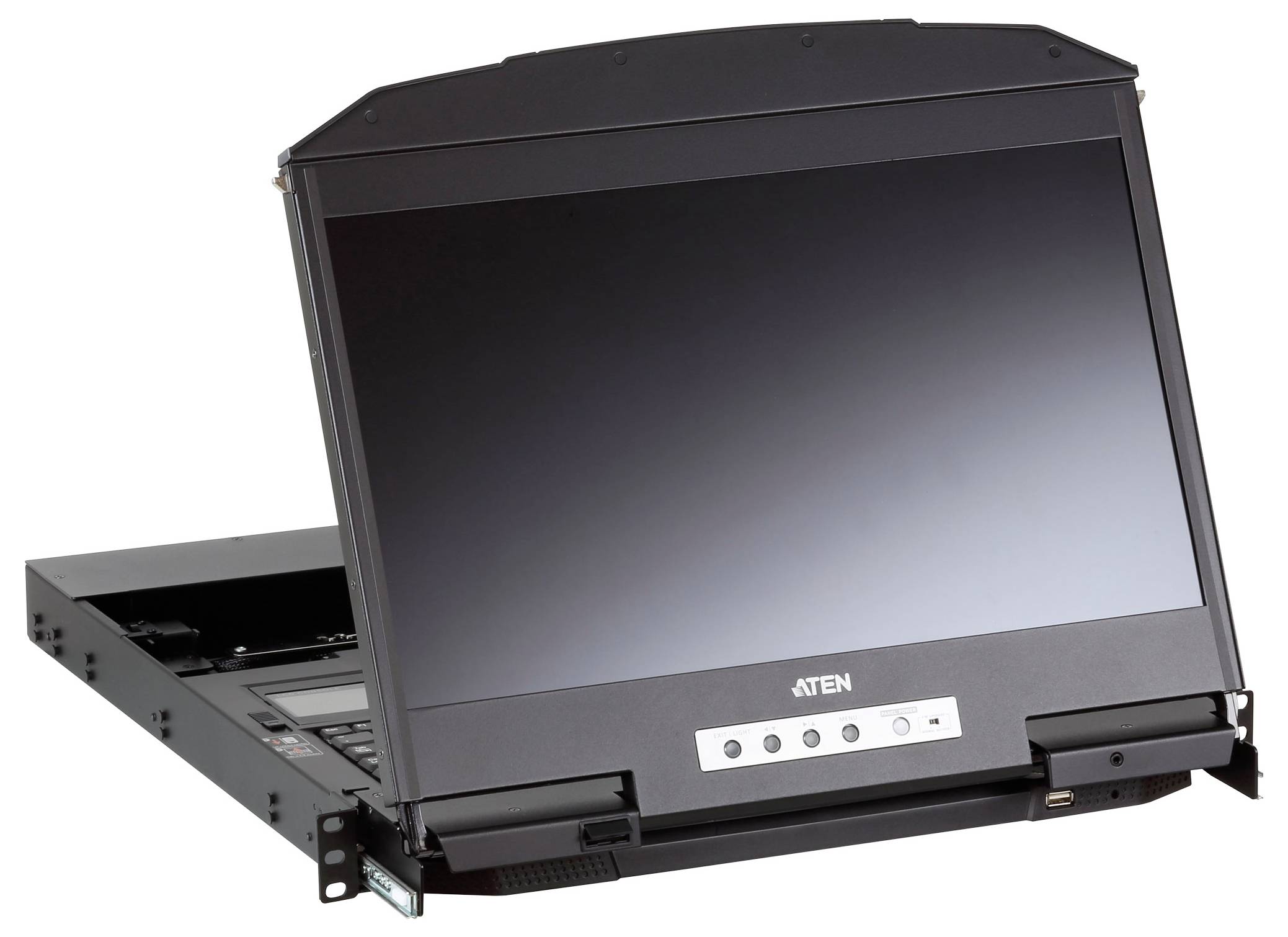 Eine schwarze Rack-Konsole mit einem Breitbild-Display und Steuertasten, mit der Bezeichnung „ATEN