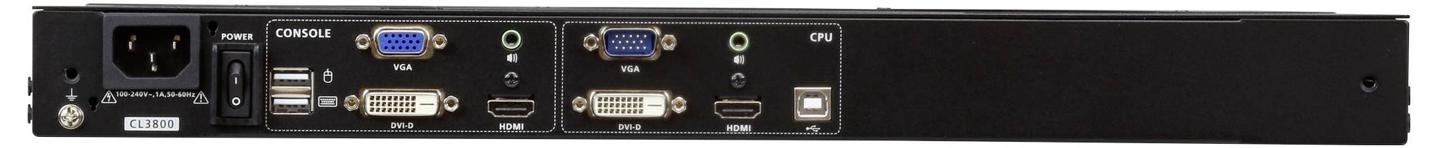 Eine Rückseite eines Geräts mit mehreren USB-Anschlüssen, die mit „CONSOLE