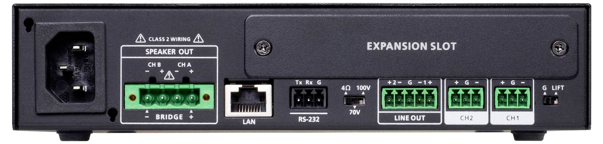 Rückseite eines Audioverstärkers mit Stromeingang, Lautsprecherausgängen, Ethernet- und RS-232-Anschlüssen sowie Erweiterungsplatz.