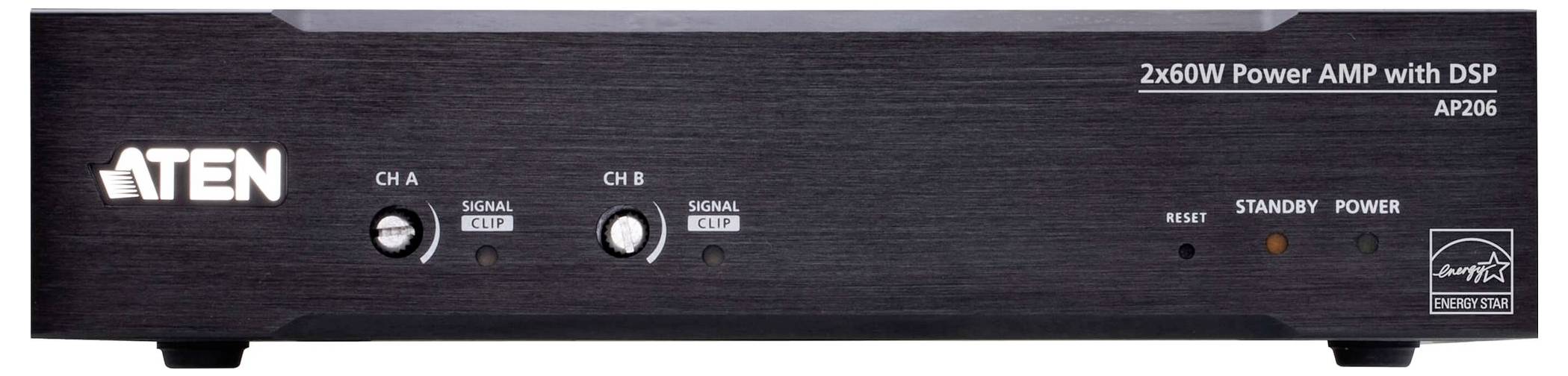 'Aten 2x60W Verstärker mit DSP AP206', ausgestattet mit Ein-/Aus-, Standby- und Reset-Tasten sowie Signalanzeigelampen für die Kanäle A und B.