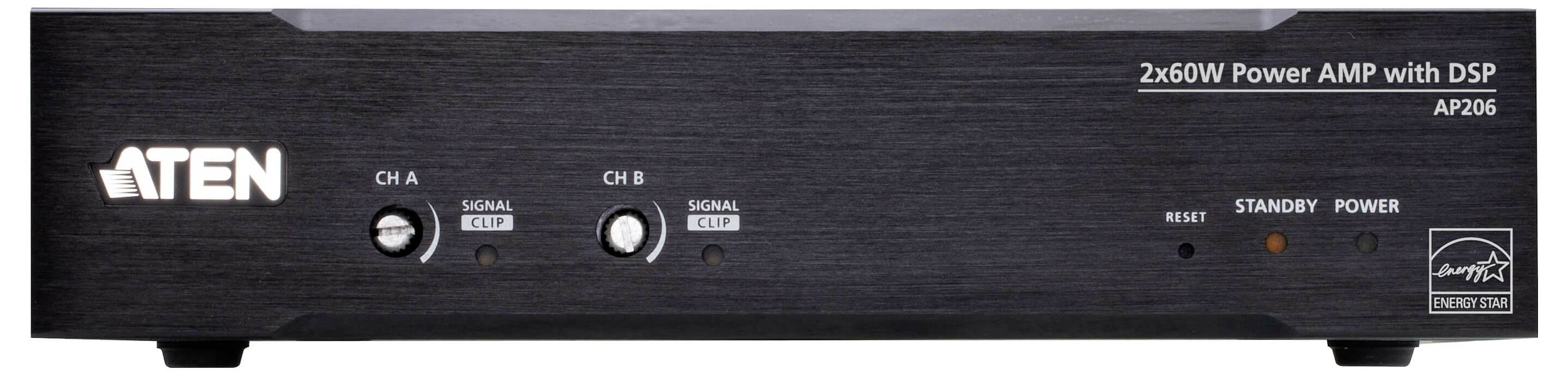Aten AP206 Leistungsverstärker mit DSP, Frontansicht mit Reglern für Kanal A und B, Signalleuchten und Standby-/Stromschaltern.