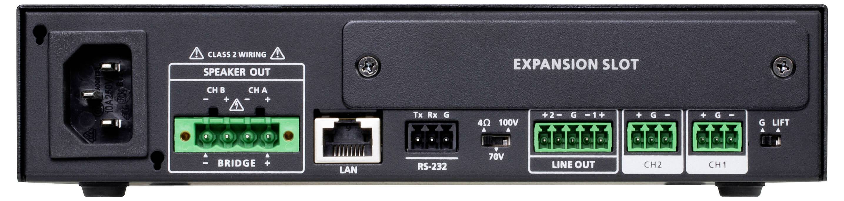 Rückansicht eines Audio-Verstärkers mit Stromeingang, Lautsprecherausgängen, LAN-Anschluss, RS-232-Steuerung und Line-Out-Kanälen zur Sounderweiterung.